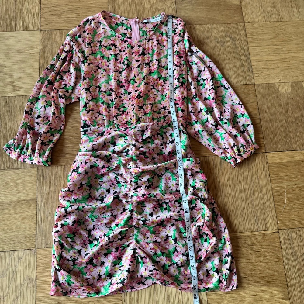 Zara Small Pink Floral Print Bodycon Ruched Mini Dress Tie Waist - Picture 8 of 8